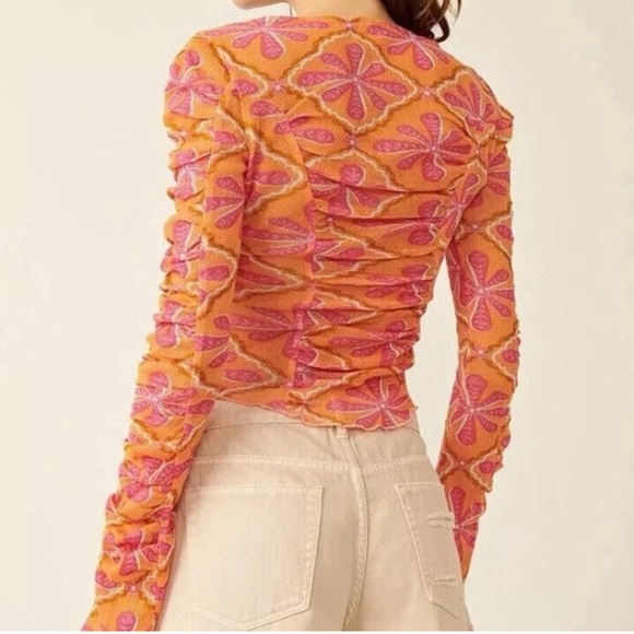 Free People Through The Meadow Mesh Blouse Top Floral Grapefruit Printed XS - Picture 2 of 12